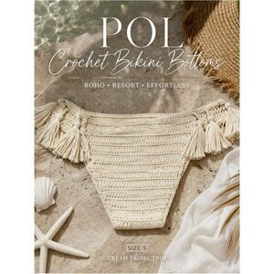 ✨ POL Crochet Bikini Bottoms Cream Tassel Trim Size S Boho Resort ✨